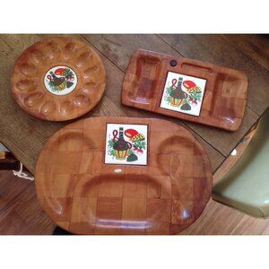 Vintage Woven Wood & Tile Tray Serving Platter Dish Egg Cheese trays set of 3